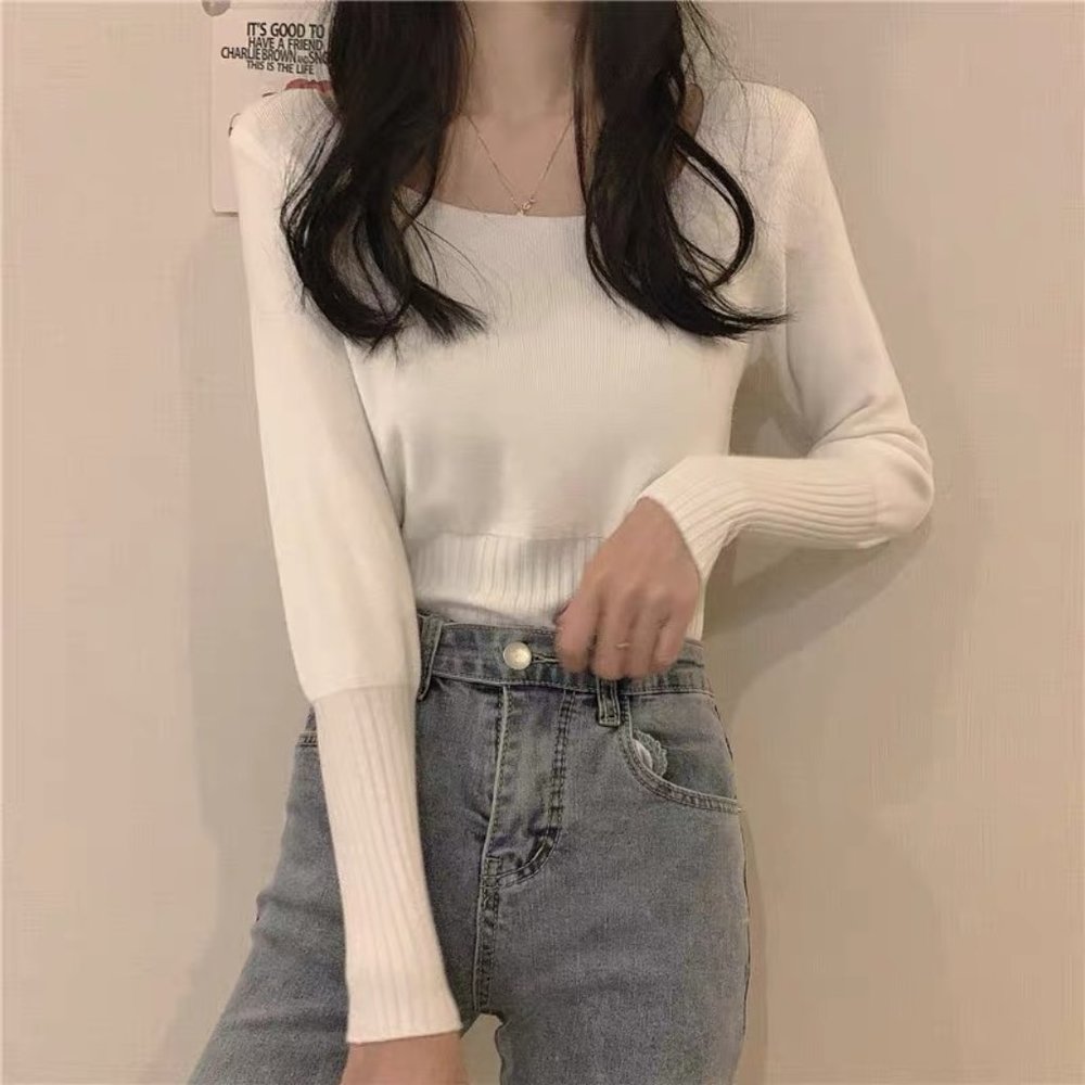 Square neck white knit top